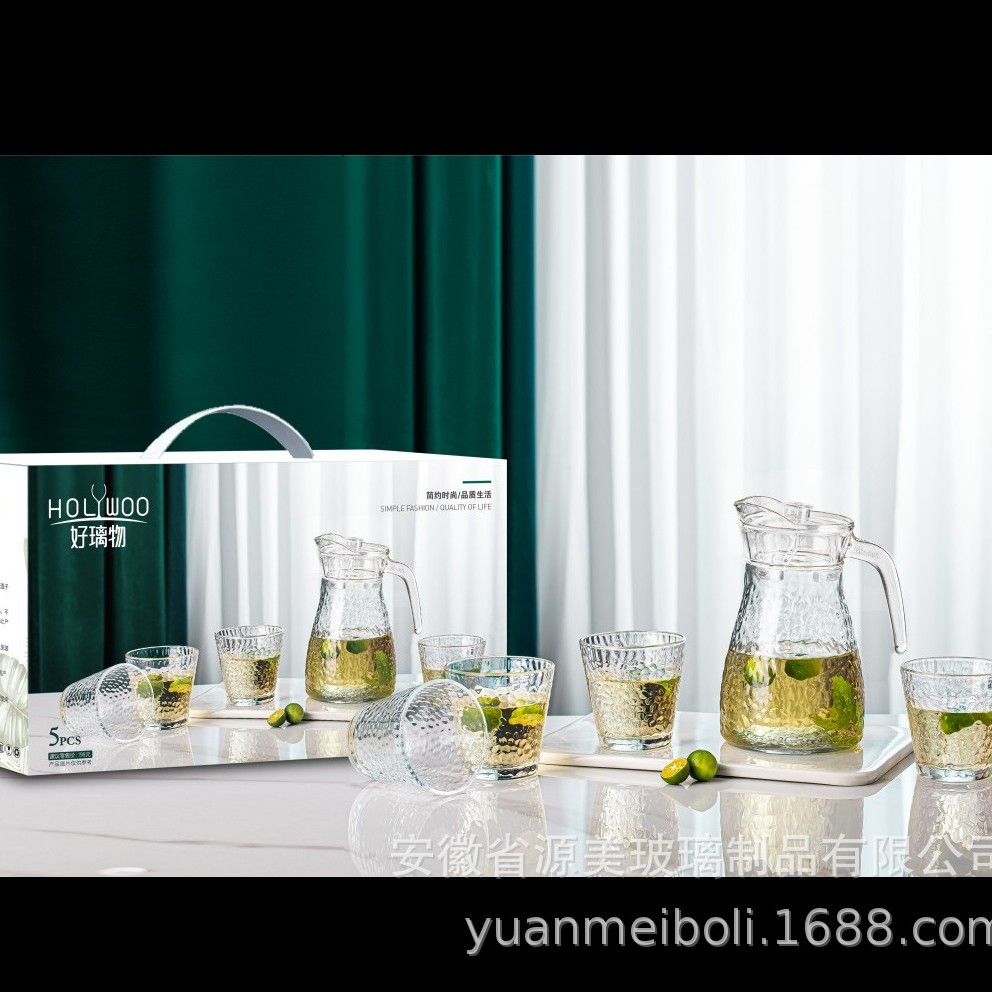 Verano hogar vidrio botella de agua fría traje de gran capacidad transparente simple botella de agua fría taza de agua juego de té de 5 piezas al por mayor