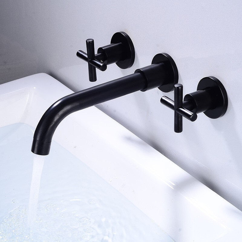 Concealed All-Copper Wall-Mounted Three-Piece Set Black Modern Bathroom Basin Faucet Washbasin Concealed All-Copper Wall-Mounted Three-Piece Set Black Modern Bathroom Basin Faucet Washbasin