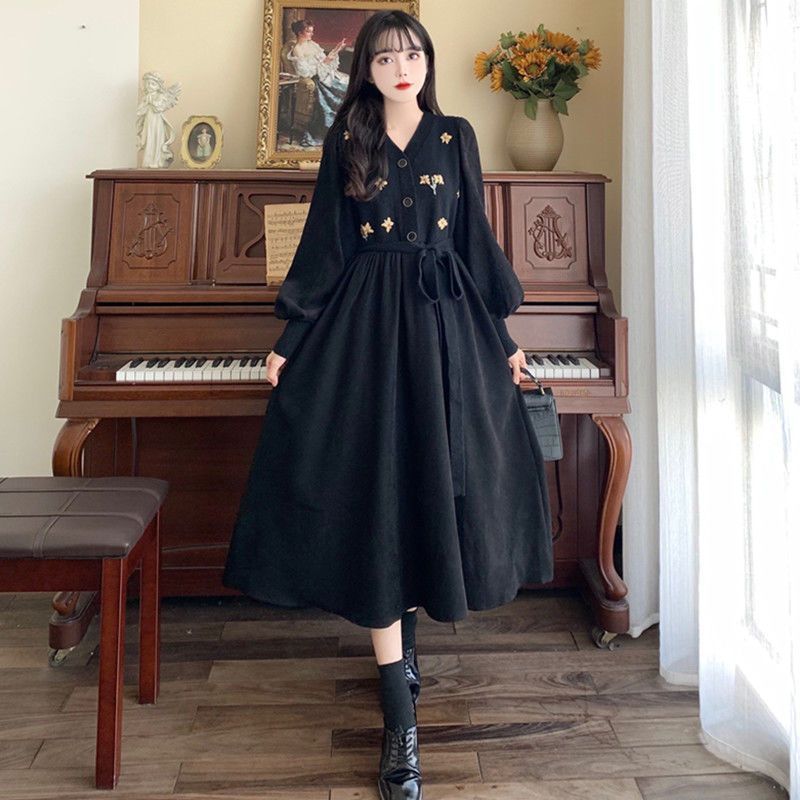 秋冬V领设计感拼接灯芯绒连衣裙大码女装胖妹妹法式气质名媛ins|undefined