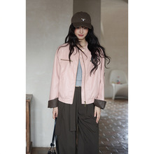 夕蒙2025新款秋韩系气质上衣流行高级感酷炫风小个子粉色皮衣外套