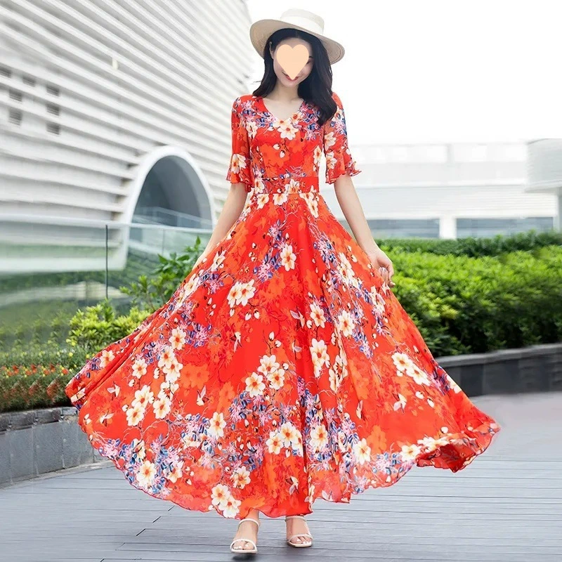 Летнее новое стильное шифоновое платье средней длины для похудения талии, женская юбка большого размера с воротником и короткими рукавами, длинная юбка с цветочным принтом