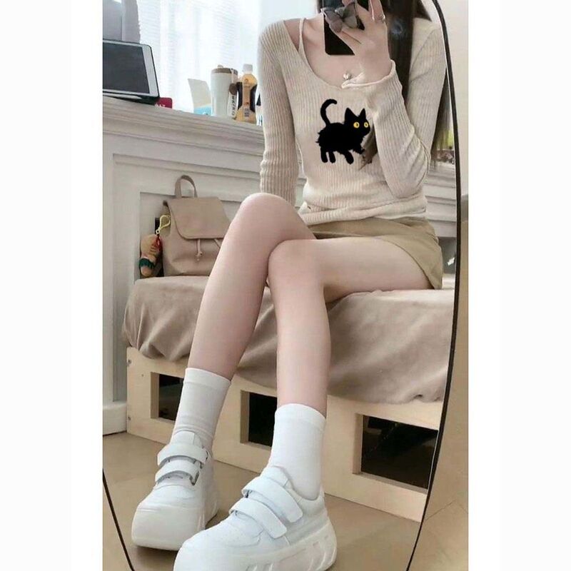 Korean Style Slim Knitted Knitwear 2025 New Autum Design Long-Sleeved Slimming Look Best Korean Style Fake Two-Piece T-Shirt