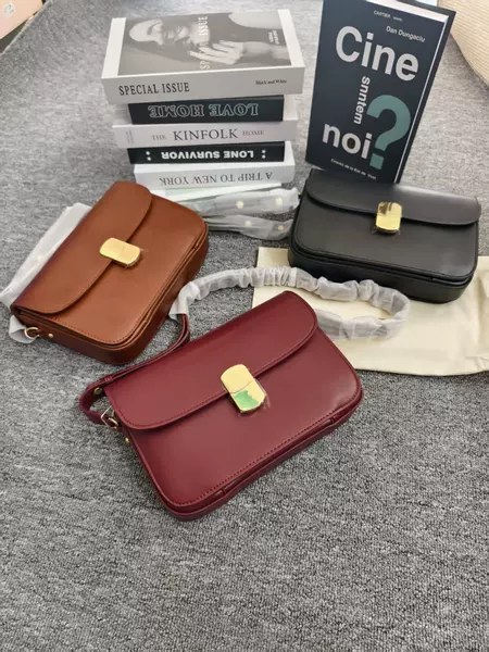 French Sézane underarm bag, retro flap small square bag, genuine leather, Maillard color, shoulder bag, metal lock closure