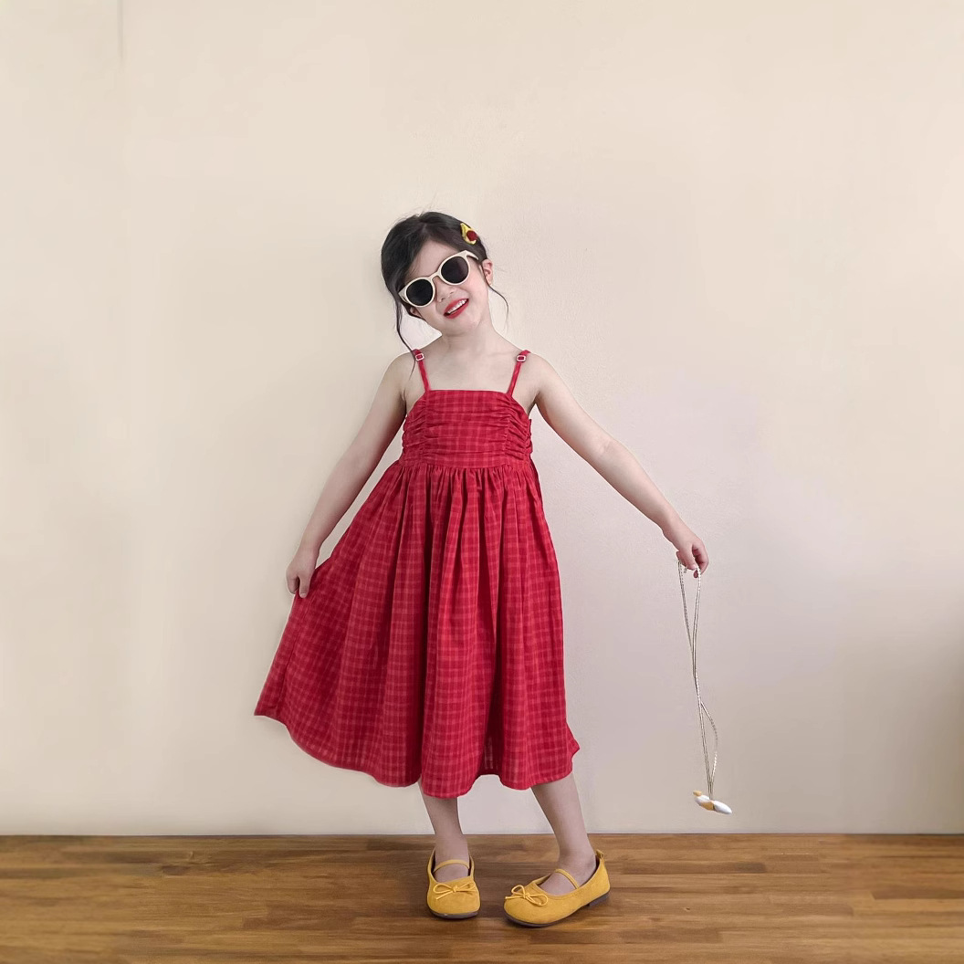 Girls Summer Vacation Style Red Plaid Suspender Adjustable Large Skirt Vest Dress Sleeveless Princess Dress