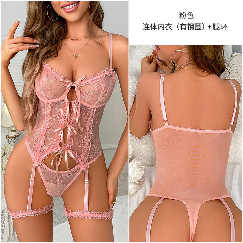 Sexy lingerie body shaping tight jumpsuit fungus lace lace strap bow transparent suit sexy two-piece suit