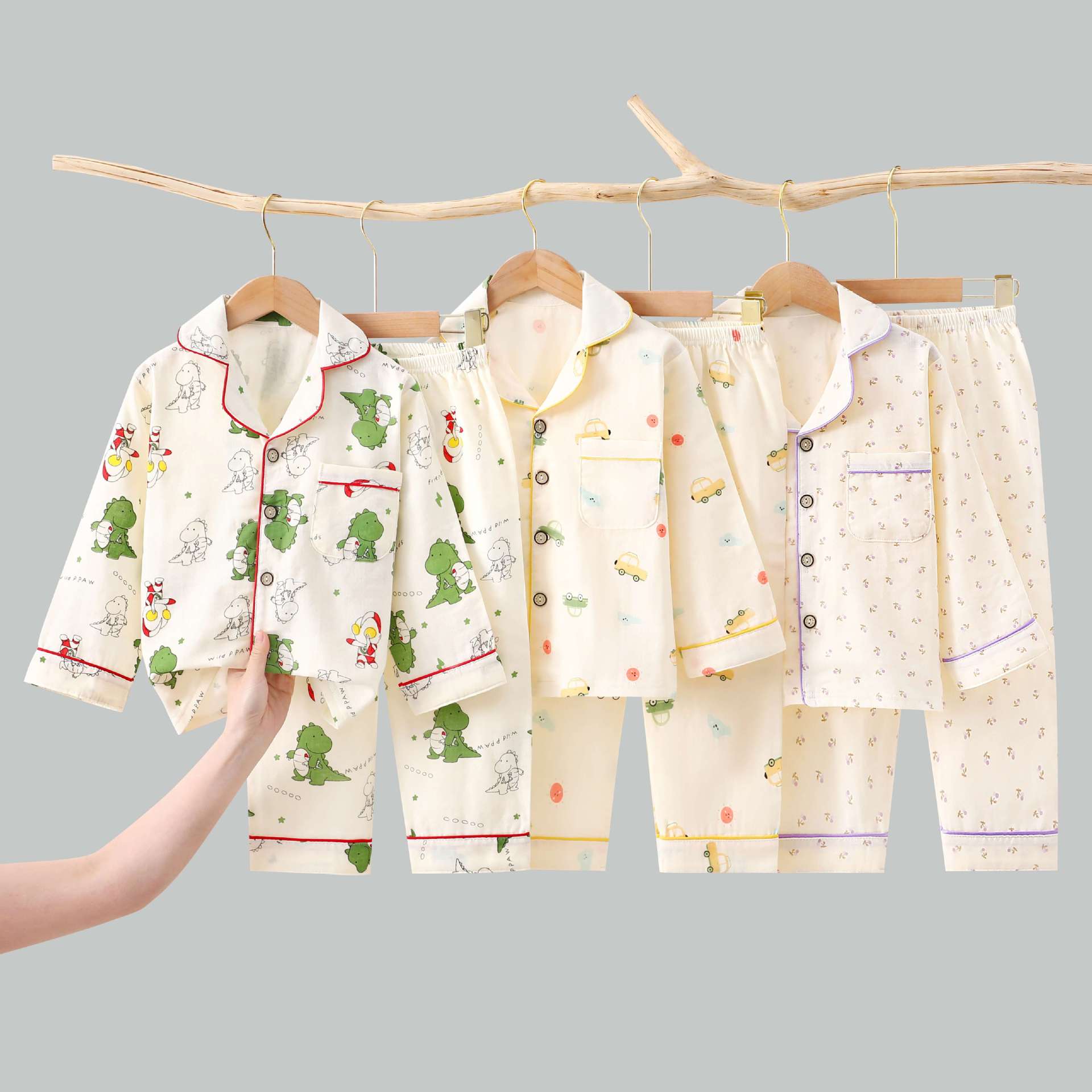 宝宝睡衣夏季棉2025儿童纱布家居服男童a类长袖开衫套装小童透气