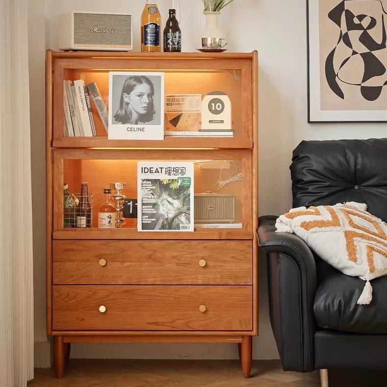 北欧日式樱桃木书柜餐边柜实木收纳柜客厅电视柜展示柜沙发边柜