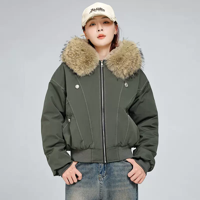 外贸款欧洲站2025冬季新款连帽大毛领棉衣棉服时尚百搭棉袄女外套