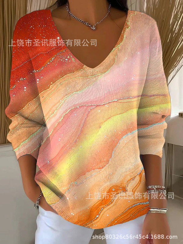 欧美跨境独立站新款3D印花女士时尚渐变色V领长袖T恤上衣|undefined