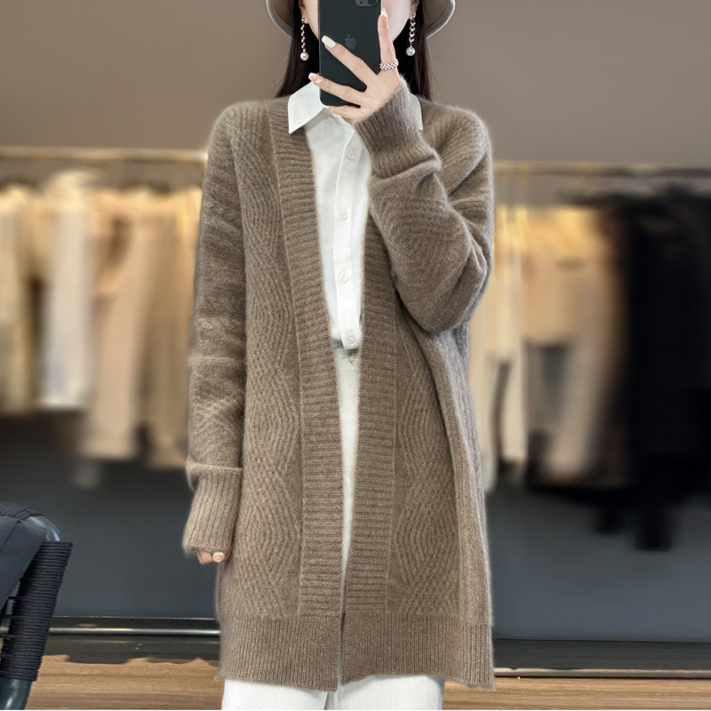 Spring and Autumn V Neck Belt Mid-Length Cable Knit Cardigan Women's 2025 New Tops Sweater Loose Knitted Top