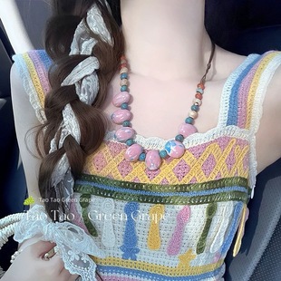 Retro Ethnic Style Summer Dopamine Colorful Ceramic Beaded Necklace Women's Long Sweet and Cool 2025 New Necklace