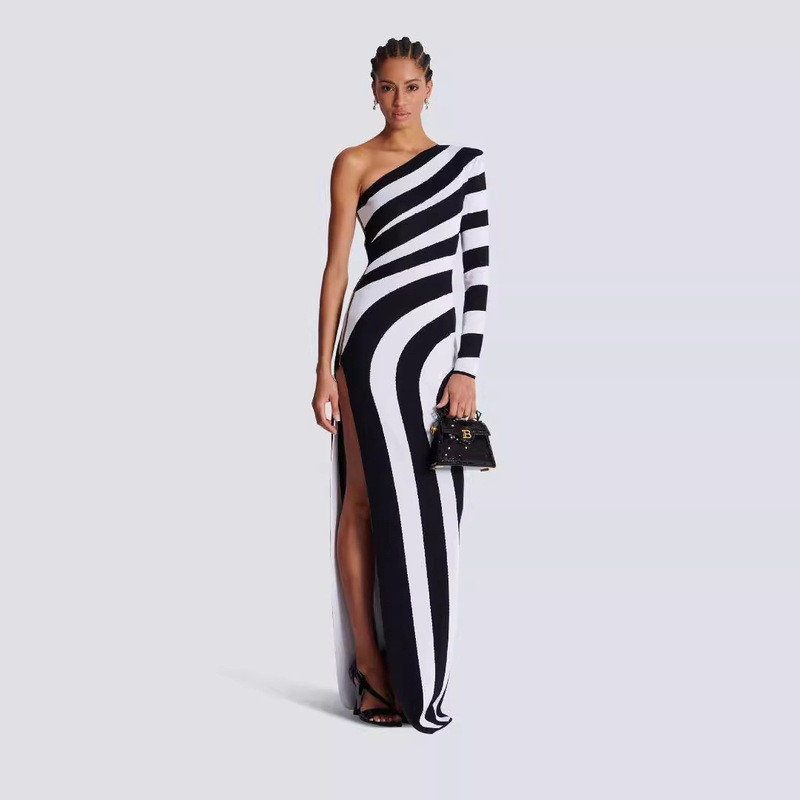 Cross-border Foreign Trade New Zebra Pattern Shoulder Long Sleeve Leg Bandage dress European and American Banquet Party Dress