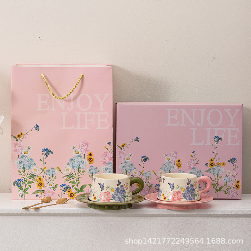 レトロ油絵コーヒーカップ皿セット陶磁器マグカップ小衆カップルカップ蝶コーヒーカップ皿ギフトボックス|undefined