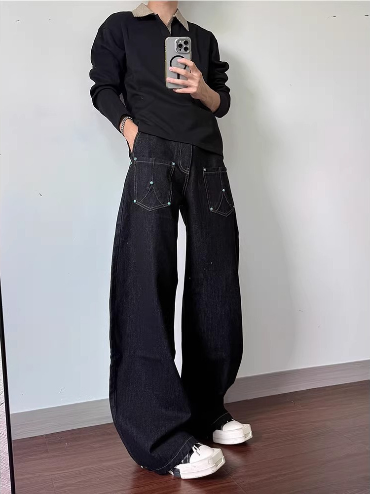 Men's Style Turquoise Studded Silhouette Black Raw Denim Flared Jeans Straight Leg Mid Waist Long Slight Stretch_voghion.com