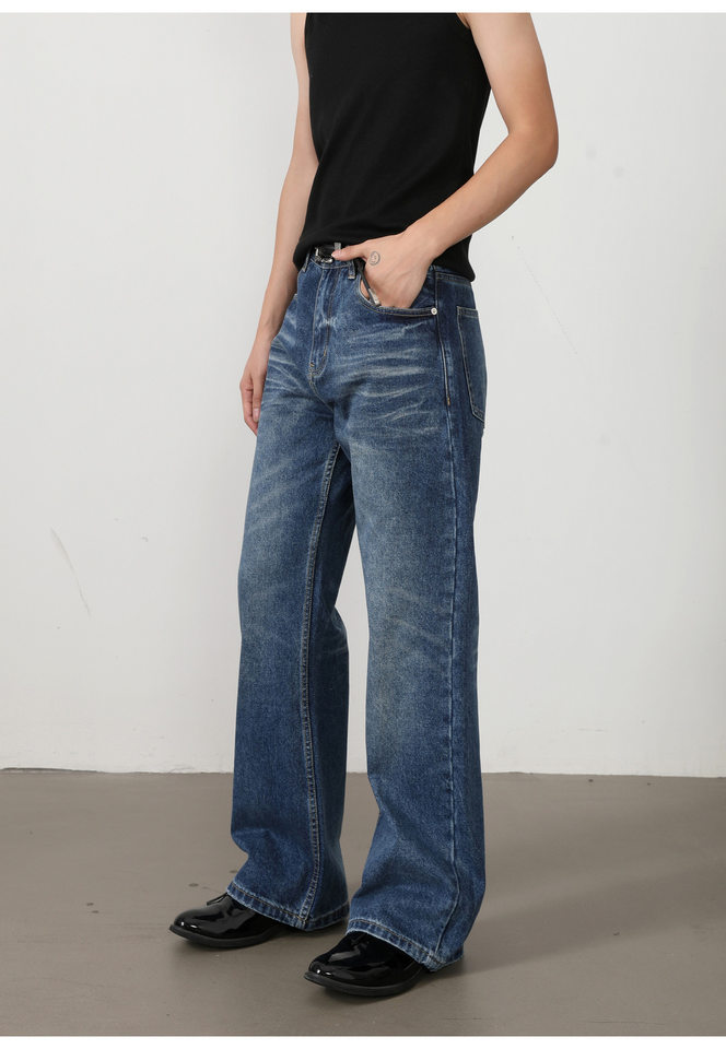 Quần jean nam ống loe nhẹ dáng rộng phong cách retro, cạp vừa, quần dài — Màu xanh dương, Đen xám chi tiết 19