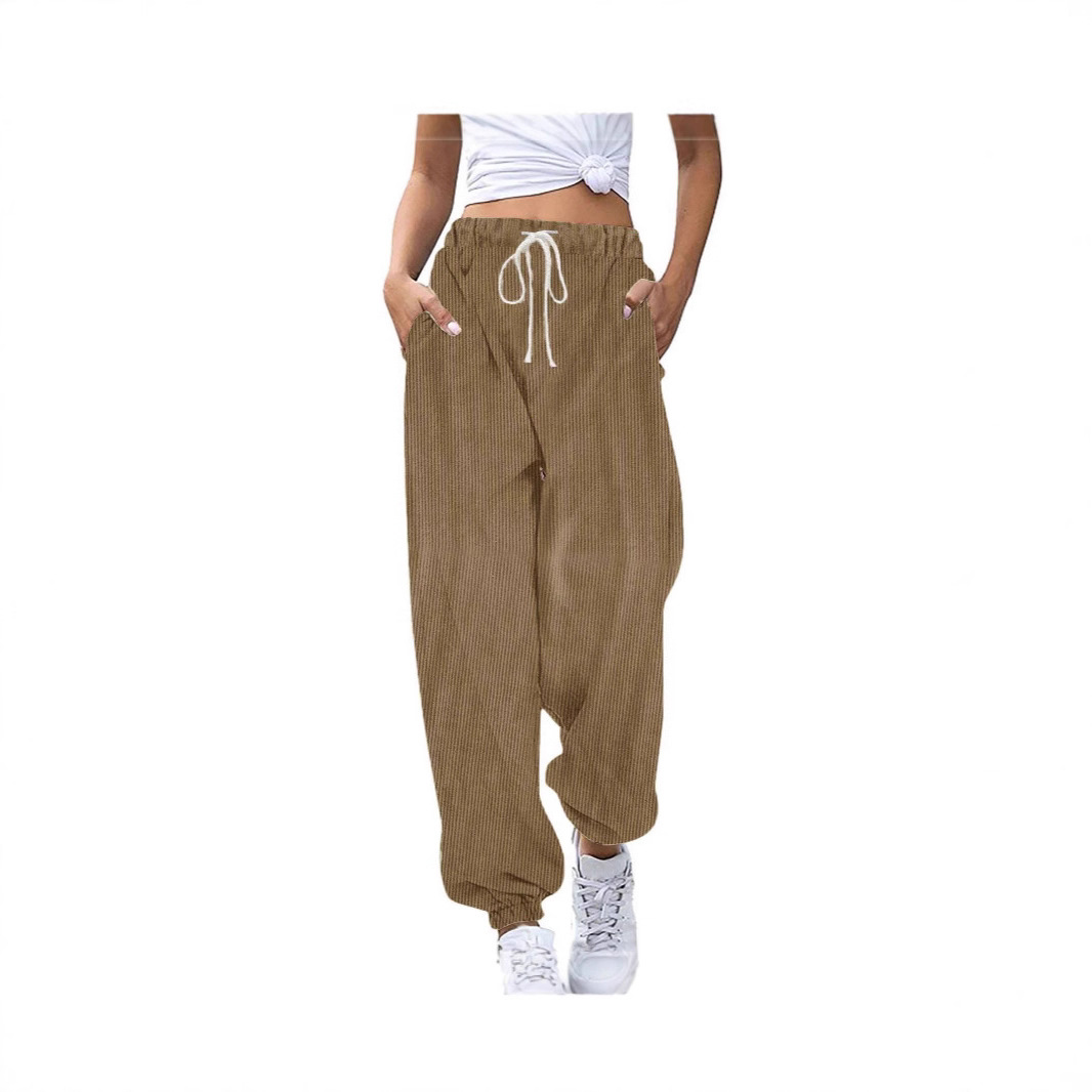 2024 Women's Solid Color Elastic Drawstring Waist Corduroy Jogger Casual Pants with Side Pockets Long Pants