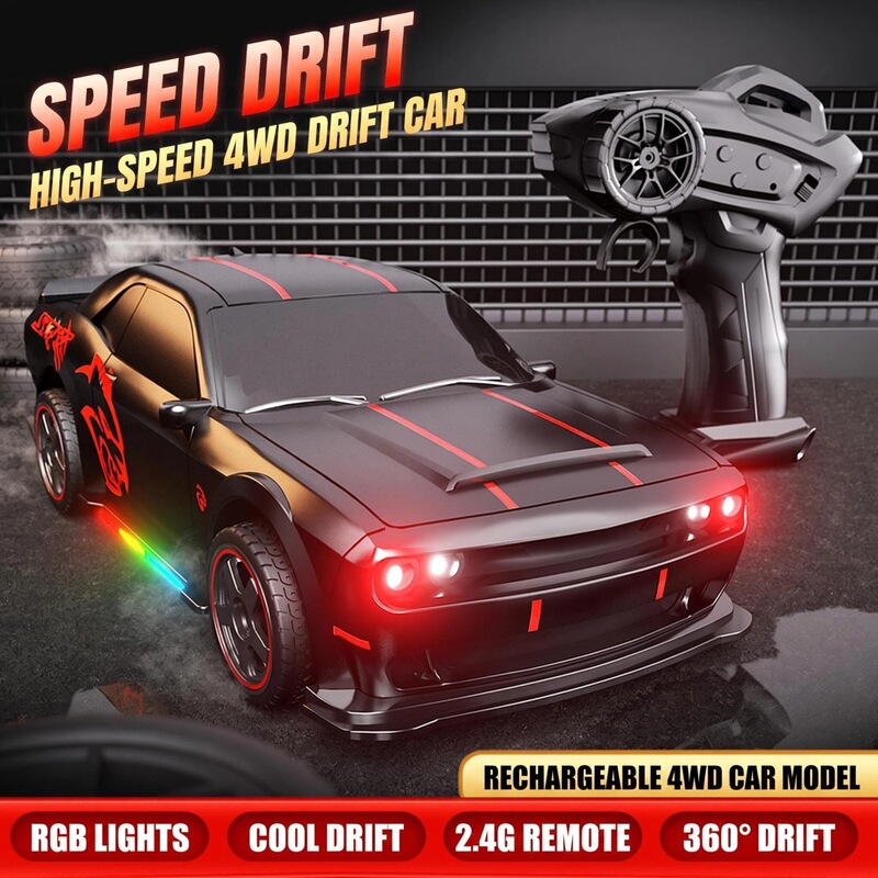 Cross-Border Rc Remote Control Car for Children, Dodge Hellcat Four-Wheel Drive Drift High-Speed Boys' Toy Wholesale, English Box Packaging