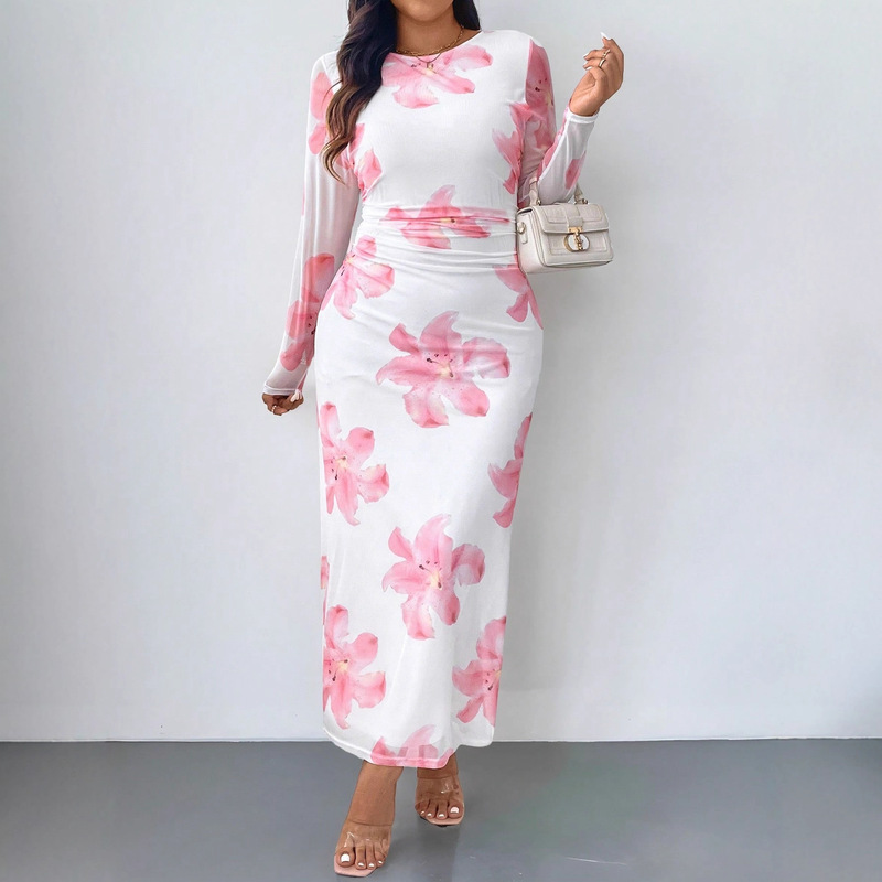 2025 European and American Cross-Border New Women's Elegant Romantic Date Floral Print Ruffled Long-Sleeved Mesh Dress 2025 European and American Cross-Border New Women's Elegant Romantic Date Floral Print Ruffled Long-Sleeved Mesh Dress