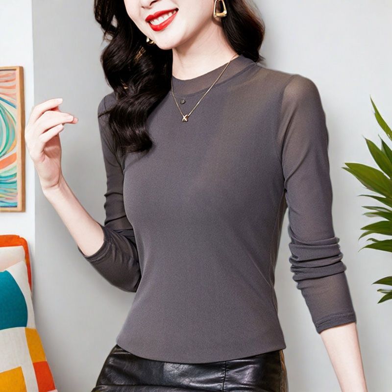 2026 Autumn New Mesh Base Shirt for Women, Fashionable and Simple, Mesh T-shirt, Stylish and Slimming Top
