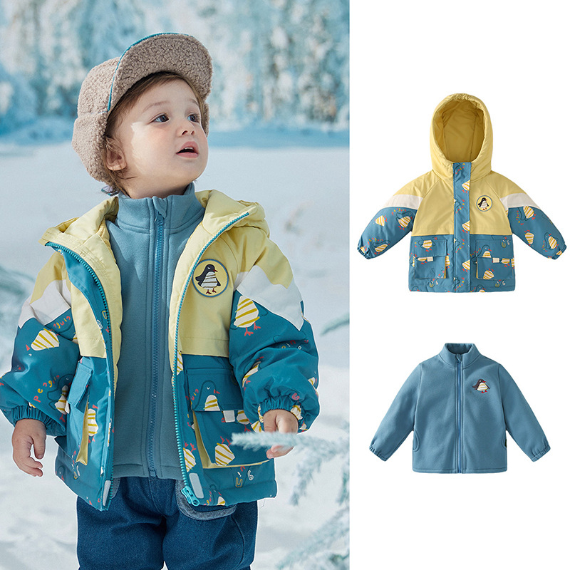 Tongbei 2025 Invierno Nuevo Conjunto de Dos Piezas Tres en Uno para Niños con Capucha, Traje de Esquí, Chaqueta Gruesa