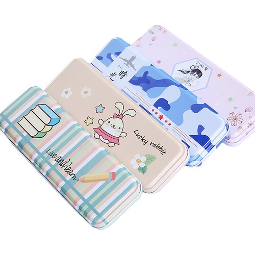 Double-layer cartoon stationery box for primary school, cute for boys and girls, pencil case with large capacity, metal box with single pen bag