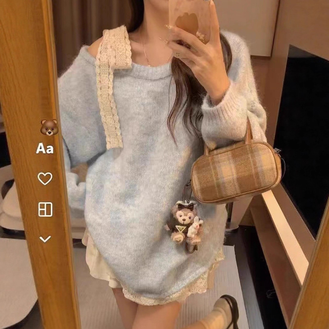 温柔淑女风蕾丝蝴蝶结系带长袖毛衣女春秋慵懒风宽松显瘦保暖上衣