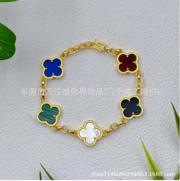 24K Gold-Plated Ultra-Color-Preserving Classic Thickened Version Red Five-Color Four-Leaf Clover Five-Flower Light Luxury Bracelet for Women, Same Style as Gold Stores 24K Gold-Plated Ultra-Color-Preserving Classic Thickened Version Red Five-Color Four-Leaf Clover Five-Flower Light Luxury Bracelet for Women, Same Style as Gold Stores