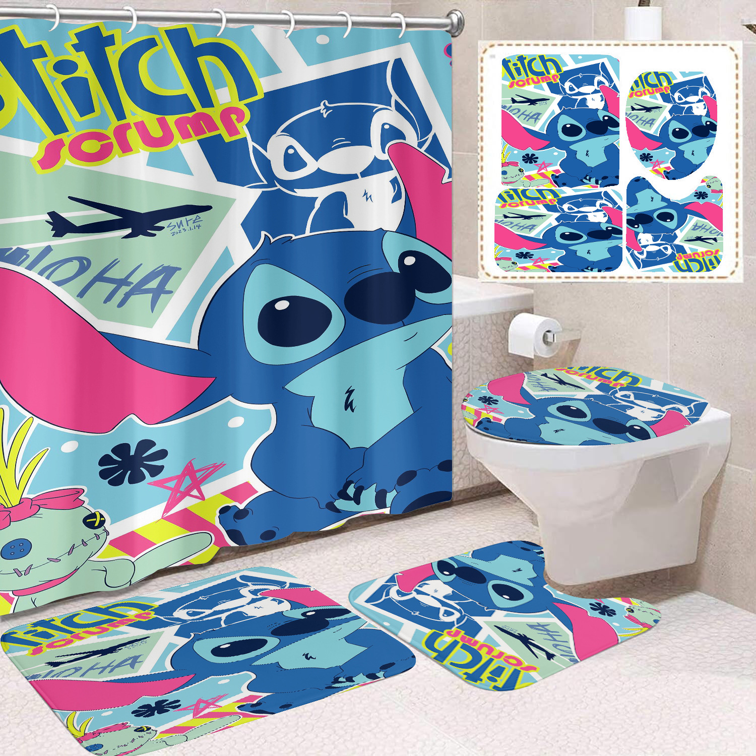 Venta directa de fábrica lindo baño de dibujos animados de cuatro piezas cortina de ducha impermeable cortina de ducha sin perforación cortina de partición de baño de baño