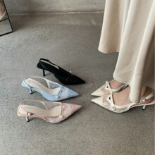 [不含税]2026春季网纱蕾丝高跟鞋尖头细跟珍珠一字扣显瘦镂空凉鞋