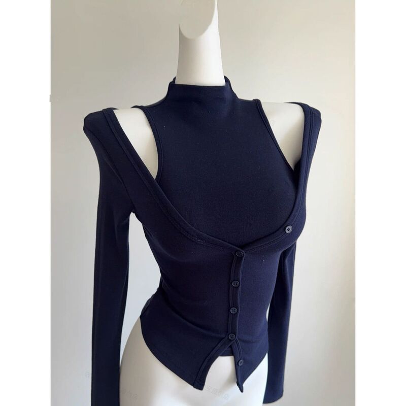 Pure and Alluring! Korean-Style Spicy Girl High-Neck Slim-Fit Waist-Cinching Sleeveless T-Shirt Women's Long-Sleeve Cardigan Two-Piece Set Top for Autumn