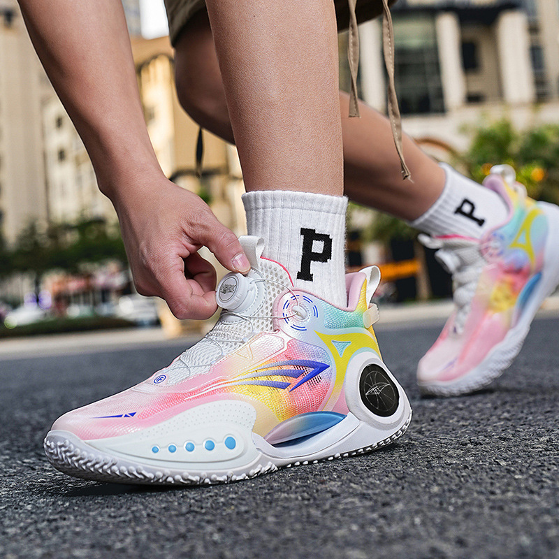 Rotating Button Men's Shoes New Breathable Running Youth Basketball Shoes Shock-Absorbing Junior High School Students' Large Shoes for Women