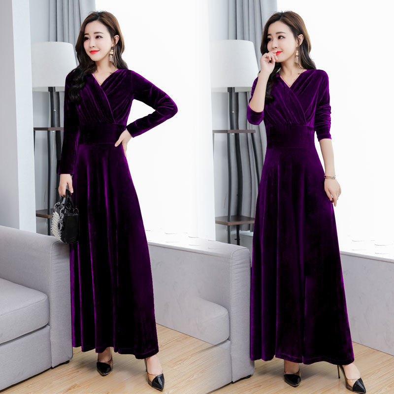 2024 Spring, Autumn, and Winter New Style Velvet Dress, Long Slim-Fit Elegant Long-Sleeve Plus Size Autumn Women's Long Dress