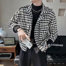 春秋韩版开衫格子夹克男士修身长袖潮牌上衣服双层休闲百搭外套潮