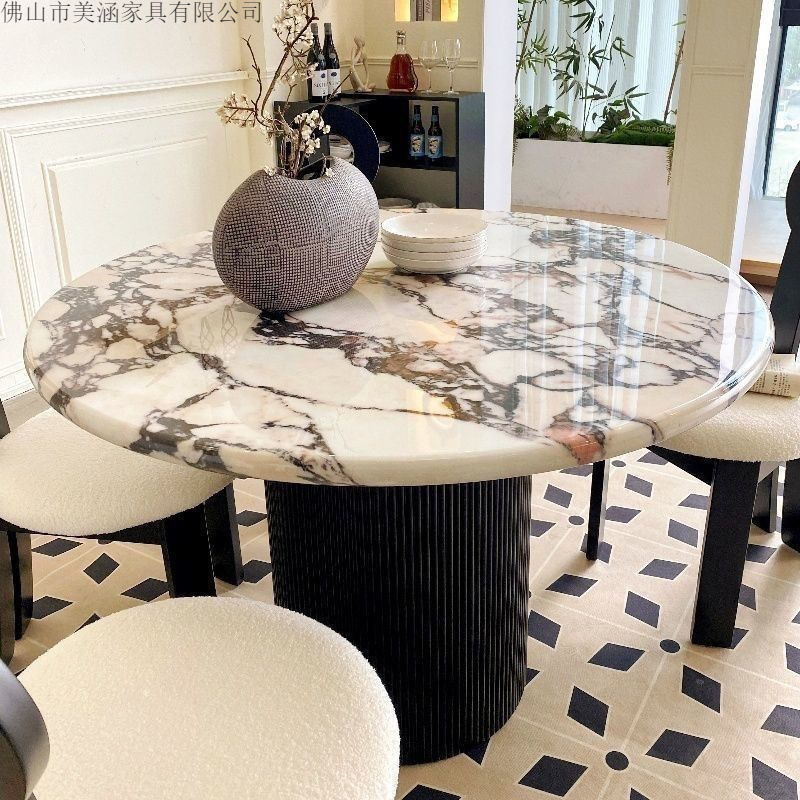 French Marble Dining Table for Home Small Apartment Retro Modern Light Luxury Stone Simple Round Slate Dining Table and Chair Combination