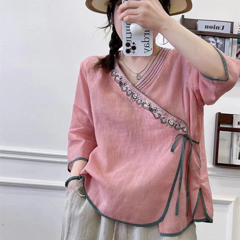 2026 Summer Ethnic Style Vintage Diagonal Collar National Style Embroidered Cotton Linen T-Shirt Half-Sleeve Women's Sum_ecoleips.com