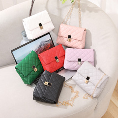 外貿批發百搭鎖扣菱格小方包2024新潮款鏈條斜挎包繡花純色單肩包
