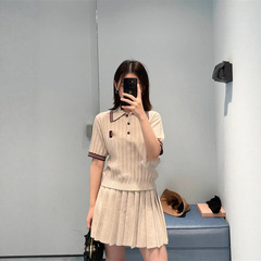 2025夏季新款南油miu减龄甜美学院风polo领短袖+百褶针织半裙套装