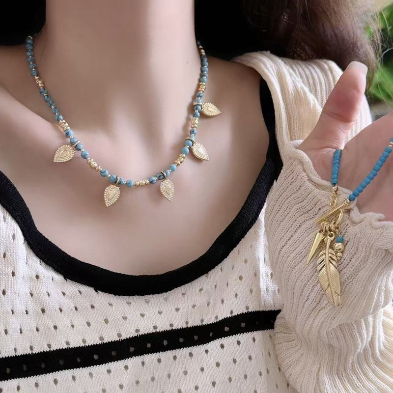 甜美少女松石串珠链珍珠树叶羽毛吊坠项链女小众设计高级感颈链潮|undefined