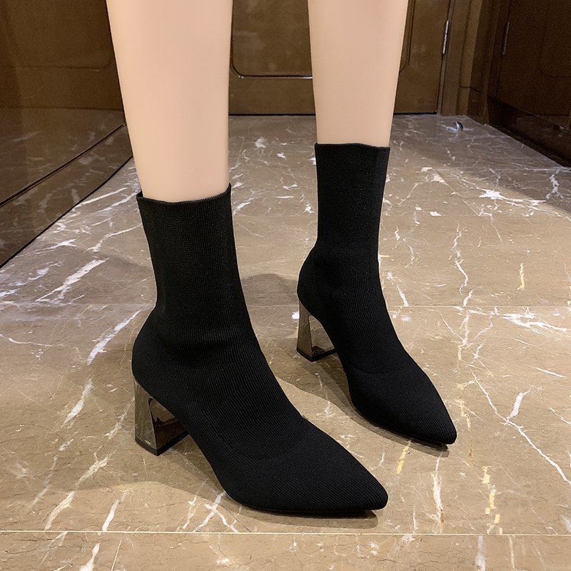 Autumn and Winter Knitted Women's Boots, Socks, Boots, Electroplated Thick Heel Mid-Calf Martin Boots, Women's Fashion Elastic Boots