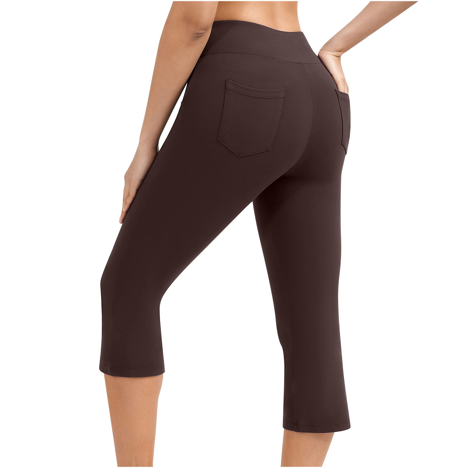 Neue Yoga-Hose für Damen, einfarbig, Vordertasche, hohe Taille, aufgesetzte Tasche hinten, Hip-Lift, Sport-Caprihose_voghion.com