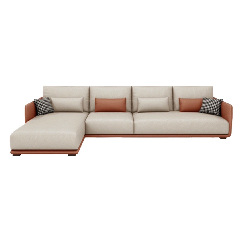 Sofá de tela lavable de estilo moderno y minimalista para sala de estar de apartamento pequeño, color crema, de líneas rectas.