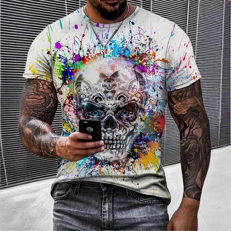 Men's Loose Short-Sleeved Mesh Breathable Round Neck T-Shirt Hot Selling Personalized Colorful Graffiti Skull 3D Digital Print
