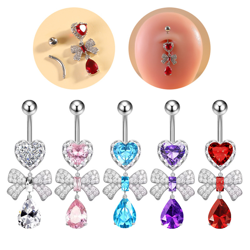 Nouveau piercing nombril sexy en acier inoxydable avec nœud papillon et zircon en forme de cœur_voghion.com