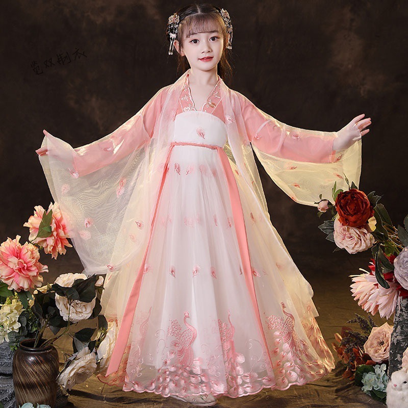 Pink blue Hanfu fairy dress for kids girl child chinese ancient folk costumes film anime drama cosplay kimono dress cherry blossom princess dress