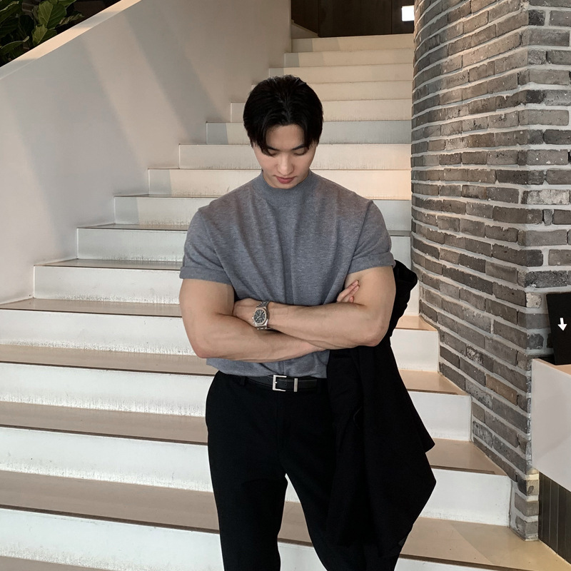 Asclo&Qiao Korean Style Knitted T-Shirt for Men, Casual Loose Fit, Versatile Short-Sleeve, Breathable, Semi-High Collar Top