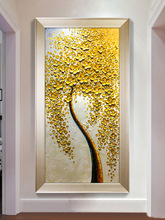 手绘油画玄关装饰画竖版现代简约挂画入户走廊过道壁画立体发财树