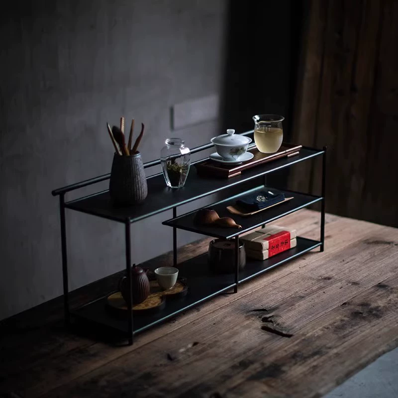 Железная чайная хижина, черная стойка Bogu, чайный набор, стеллаж для хранения, чайная комната, чайное пространство, настольный шкаф для чайного сервиза