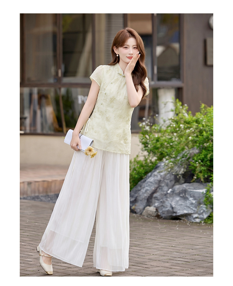 Bộ áo sơ mi cổ đức in họa tiết kết hợp quần dài hai mảnh nữ thời trang — Xanh lá cây nhạtcolor, Vàng nhạt chi tiết 25