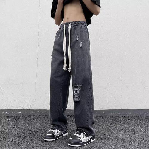 Men's Summer Thin Loose Straight Leg Stretch Waist Denim Jeans Streetwear Trendy American High Street Flowy Wide Leg Pants