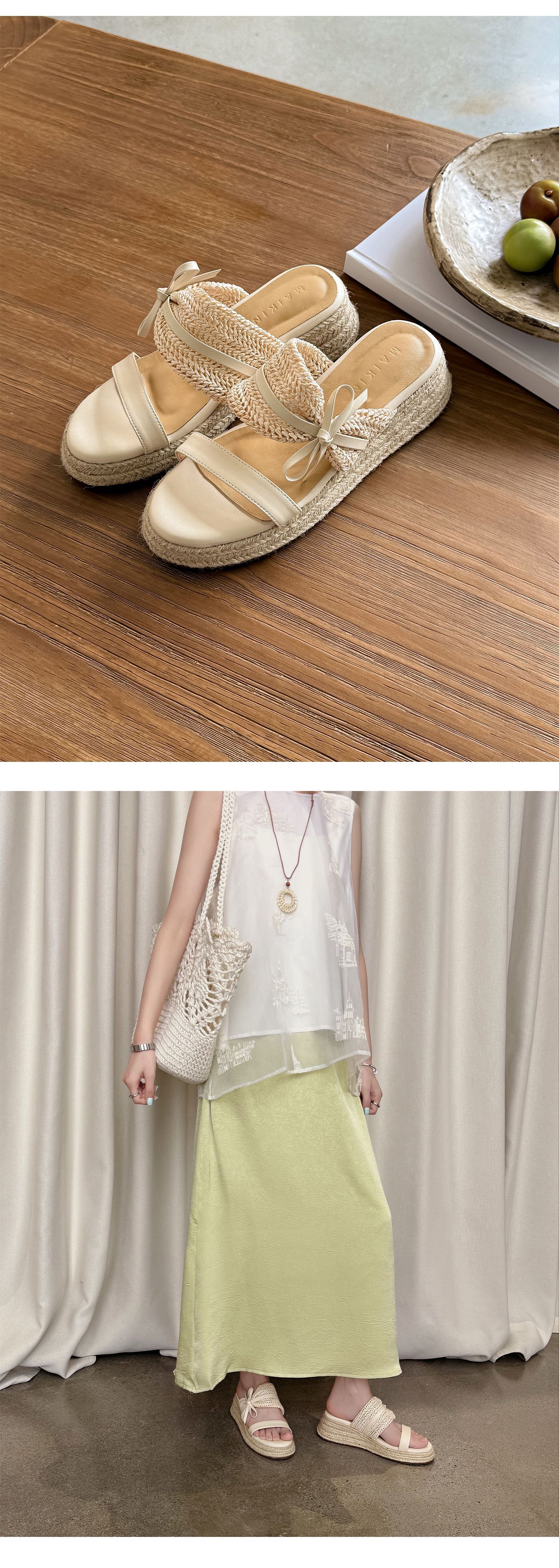 Dép sandal xỏ ngón nữ đế đan rơm cao gót nơ bướm — màu nâu, màu trắng ngà chi tiết 10